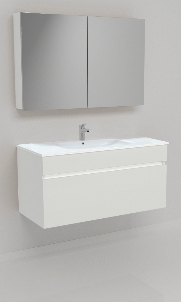 Vallessi GRANDE Badmöbel-Set Waschtisch mit Waschtischunterschrank 100cm und LED-Spiegelschrank Front + Korpus Weiß Hochglanz